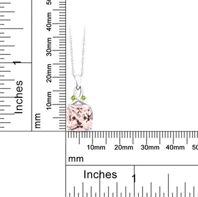 925 Sterling Silver 4.36 Carat Cushion Peach Morganite and Peridot Women Pendant - Image 4 of 4