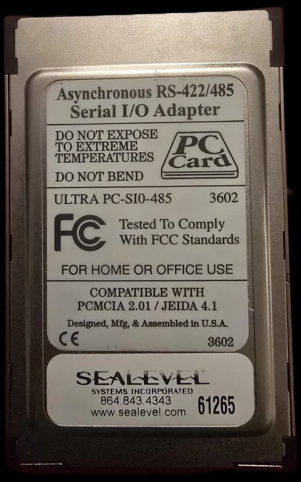 Adaptador PCMCIA tarjeta PC asíncrono RS-422/485 Sealevel Systems ULTRA PC-S10-485 Foto 2 de 2