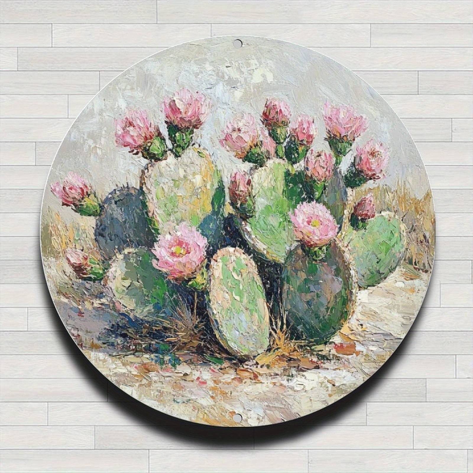 Vintage Cactus Pink Flower Desert Landscape Metal Art