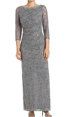 Jessica Howard Gray Lace Sequence Midi Dress Size 12 3/4 Sleeve Beaded Neck... - Image 1 of 4