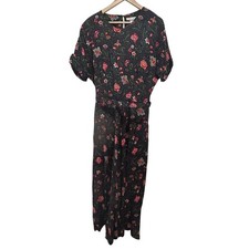 Vintage Talbots Rayon Floral Midi Dress Black Multicolor Short Sleeve Belt Sz 16
