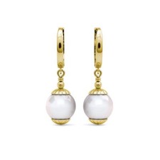 14K Solid Yellow Gold Freshwater Pearl Huggie Hoop Dangle Earrings