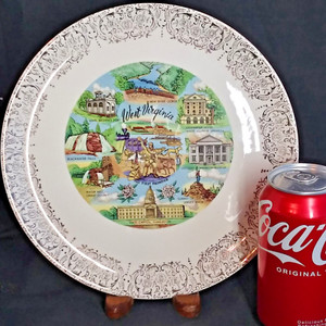 Vintage West Virginia The First Frontier Souvenir State Plate w Gold Trim 9" EUC