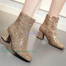 Womens Glitter Round Toe Zip Ankle Boots Sequin Block Mid Heels Wedding Shoes