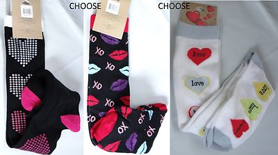 K. Bell black kisses/hearts or white w hearts Knee high socks,sz 9-11,shoe 4-10