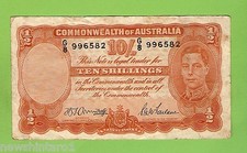 #D177.  1942  WWII  TYPE AUSTRALIAN TEN  SHILLING  BANKNOTE G8 996582