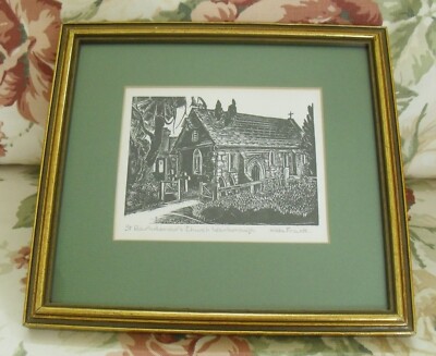 Framed Hilda Frank Wood Engraving - ''St Bartholomew's Church Wanborough''