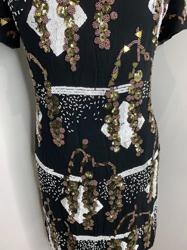 French Connection sequin shift dress 16 VGC black metallic beaded short sleeve — 第 4/4 张图片