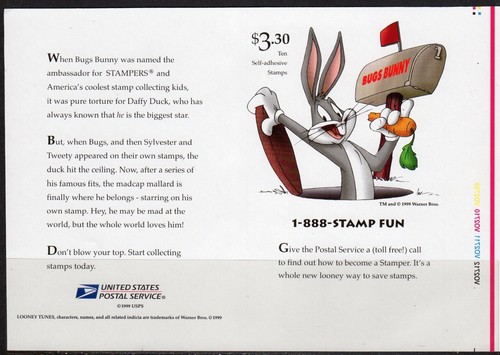 U.S. STAMPS #3306 — 33c DAFFY DUCK S/S w PLATE # -- 1999 -- MINT - Picture 2 of 3