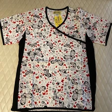 S.C.R.U.B.S Brand Women's Top V Neck Size XXS White And Black With Butterflies.