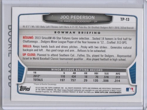 JOC PEDERSON ROOKIE CARD Bowman SILVER ICE $$ FOIL INSERT RC Los Angeles Dodgers - Picture 2 of 2