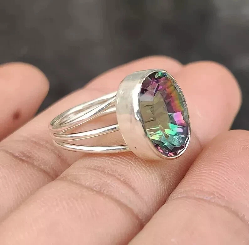 Anillo de mujer hecho a mano con piedras preciosas de topacio místico de plata 925 todas las tallas R75 Foto 2 de 4