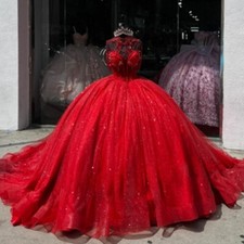 Red Princess Quinceanera Dresses Shiny Sequin Applique Prom Ball Gowns Sweet 16