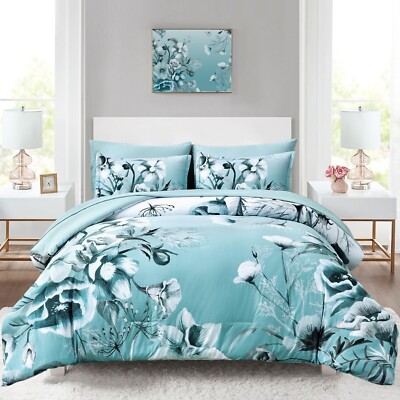 Luxudecor Floral Comforter Set Full Size Piece, Aqua Flower Bed