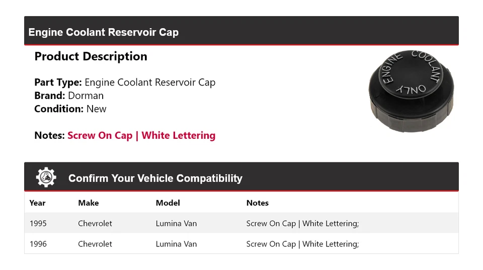 Tapa de depósito de refrigerante del motor Dorman para Chevrolet Lumina Van 1995-1996 Foto 2 de 4