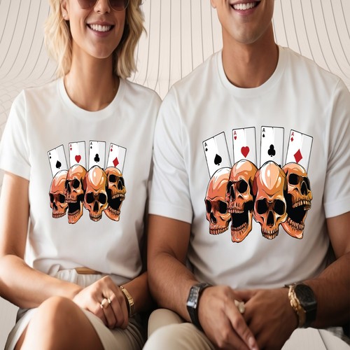 Skull and Aces T-Shirt–Four of a Kind Poker Card Tattoo Style Gothic Graphic Tee - Picture 10 of 20