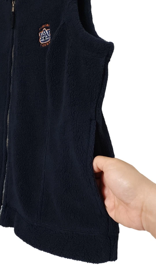 Chaleco polar universitario castaño rojizo antiguo para mujer MEDIANO bordado bolsillos con cremallera completa Foto 3 de 4