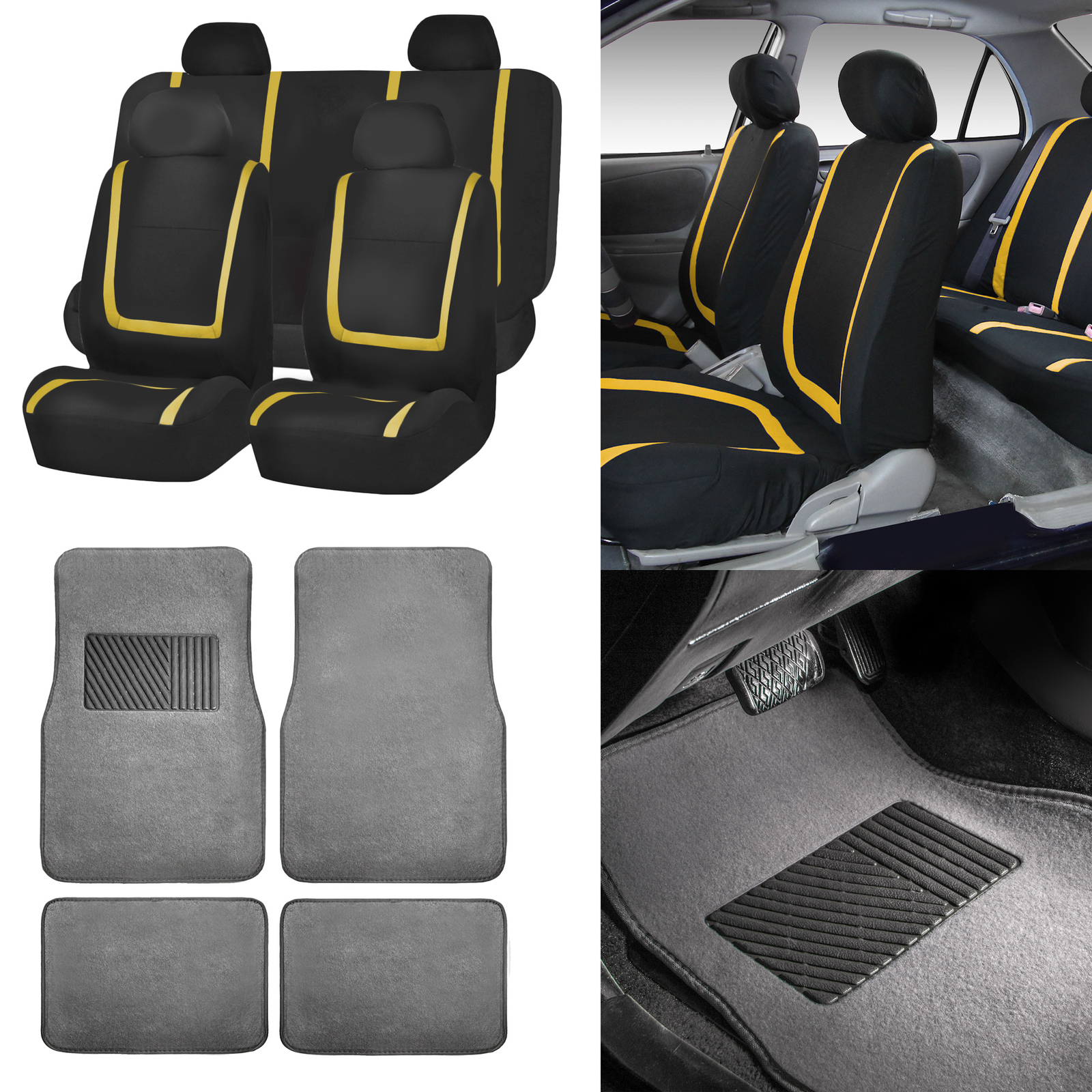 Black & Yellow Car Seat Covers with Gray Carpet Floor Mats for Auto Car SUV