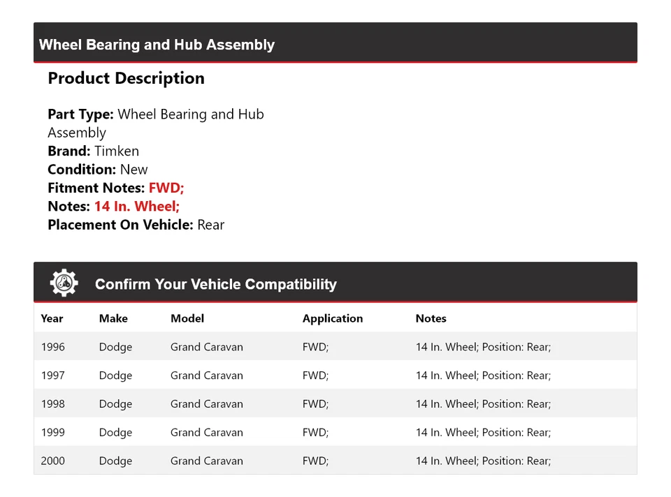 Подшипник колеса полного привода и ступица в сборе задние Timken для Dodge Grand Caravan 1996-2000 годов выпуска - Изображение 2 из 4