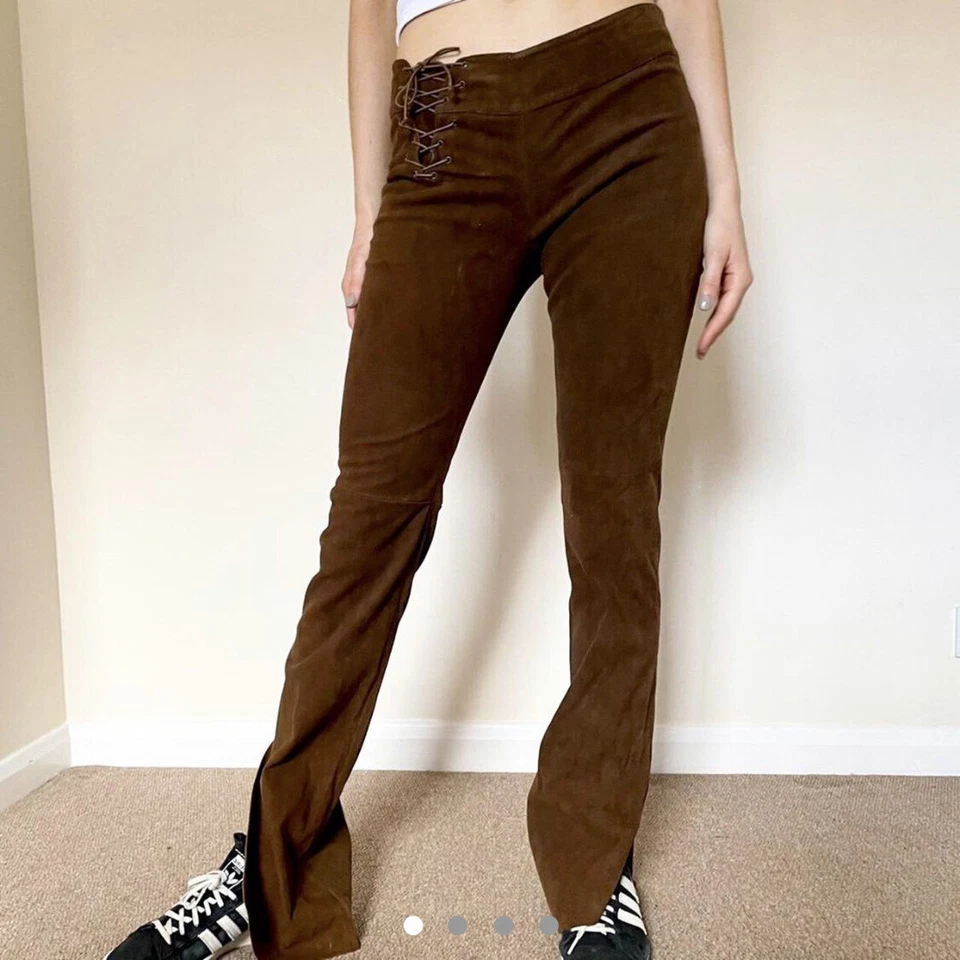 NWT Vintage Plein Sud Low Rise Flares Suede Leather Pants in Chocolate 
