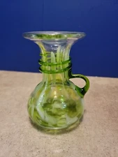 Vintage Art Glass Hand Blown Green & White Vase Pitcher With Handle 5" Tall Used