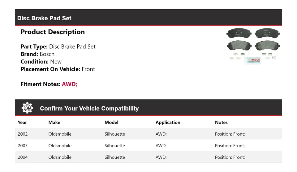 Pastillas de freno delanteras semimetálicas Bosch para Oldsmobile Silhouette 2002-2004 AWD Foto 2 de 4