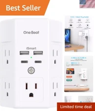 Compact Surge Protector Power Strip: 5 Outlets with 4 USB Ports - Safe & Stylish