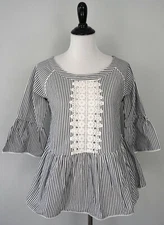 B BOUTIQUE by Evergreen Gray White Striped Lace Floral Tunic Peplum Top Size S