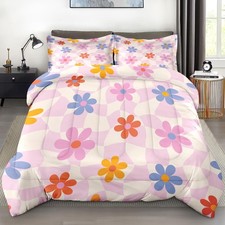 Comforter Set Queen Size, Retro Daisy Pink 3 Pcs Soft Bedding for Kids and Ad...