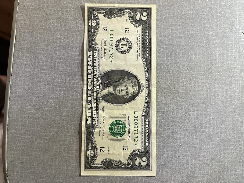 2017 US $2 Federal Reserve Note Star Note Serial L00097172* Circulated