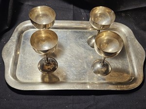 405 GRAMS STERLING SILVER 925 10X6 TRAY 4-2.75" DRINKING CORDIAL LIQUEUR GLASSES