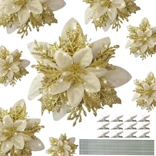 12 PCS Poinsettias Artificial Christmas Flowers 5.5" Gold Glitter Poinsettias Ch