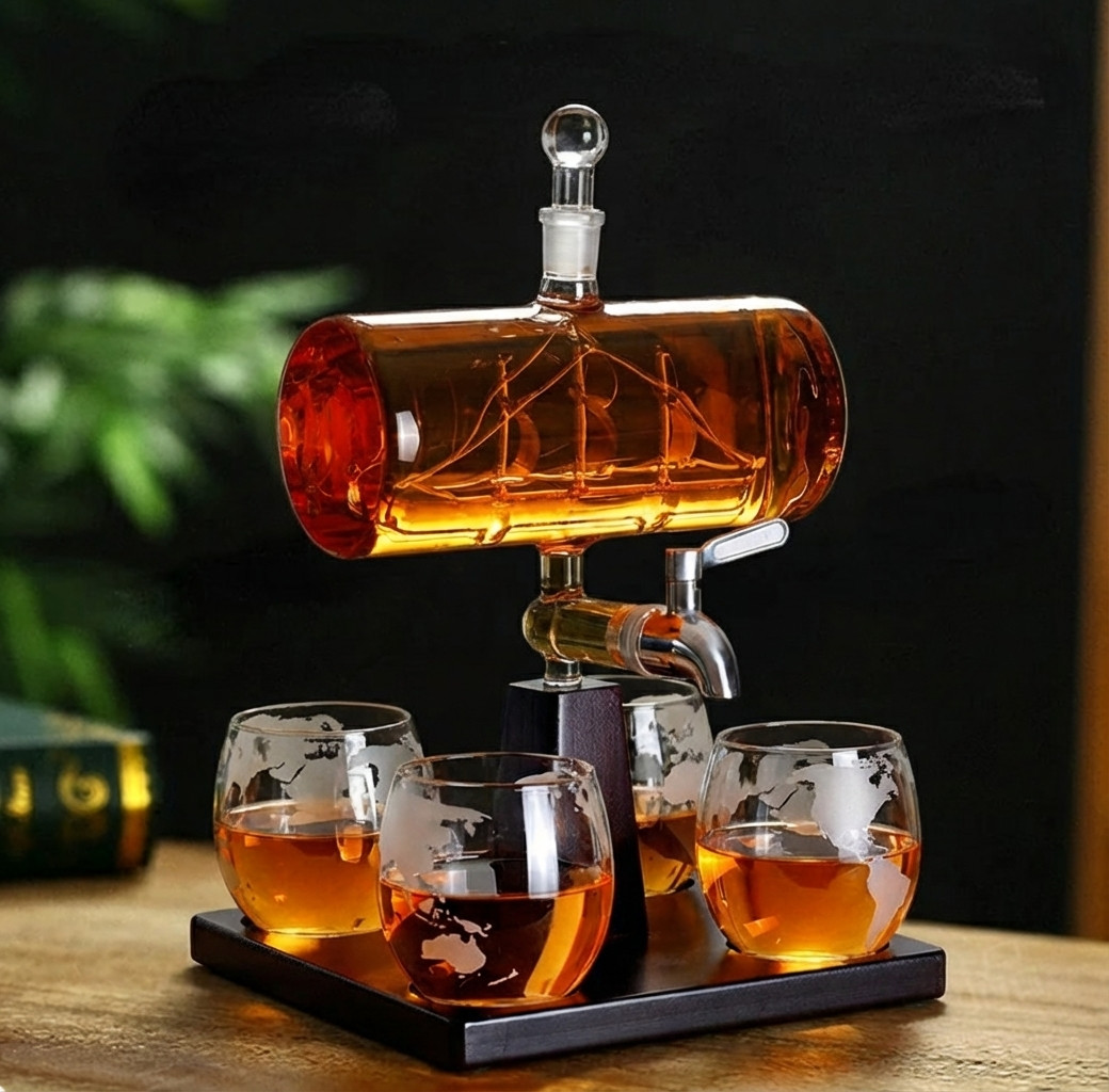 Whiskey Decanter Ship Set w/ 4 Glasses & Stand For Liquor Bourbon Scotch Gift