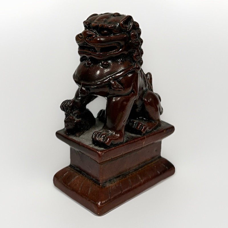 Vintage Chinese Foo Dog Guardian Lion Carved Wood Figurine Statue 4.25" Tall