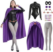 Women  s Raven Superhero Cosplay Costume Purple Hooded Cape Jumpsuit Halloween