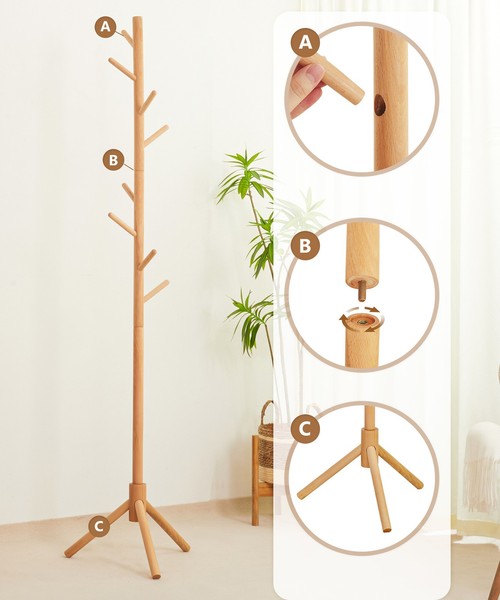 GarderobenstäNder Aus Holz, KleiderstäNder Mit 8 Haken, Garderobe 174Cm-image