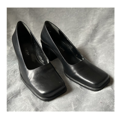Enzo Angiolini Black Leather Square Toe Block Heel Slip On Pumps Women's 7.5 M