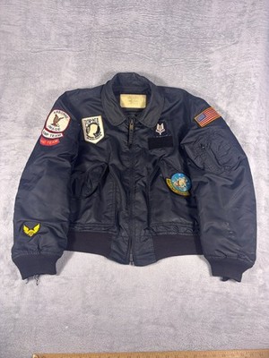 CWU-45/P Vintage 80s Flyer Jacket Mens L Black Full Zip Patches Pow Mia Jump