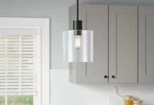 Hampton Bay Sutton Place Kitchen 1-Light Matte Black Pendant Clear Glass Shade