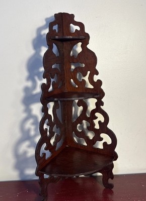 3 Tier Corner Wall Shelf Hanging Wood Mahogany Finish with Intricate Design 24.5