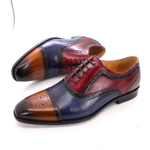 Scarpe eleganti Oxford da uomo in pelle colorblock British Brogue scarpe da banchetto a coda di rondine - Foto 2 di 19