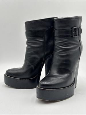 BALENCIAGA High Heel Chunky Leather Ankle Boots Black Size Buckle Sz 6 EU 36.5