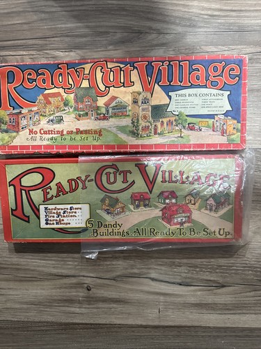2 Ready-Cut Village, 5 Vintage Paper Buildings w BOX Complete,Rare 1930s
