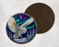 Barn Owl Bird Northern Lights Stained Glass Style Round Coaster Tea Coffee Gift