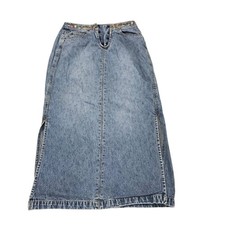 Vintage Route 66 Floral Embroidered Trim Denim Midi Skirt 6 Y2K Boho Festival