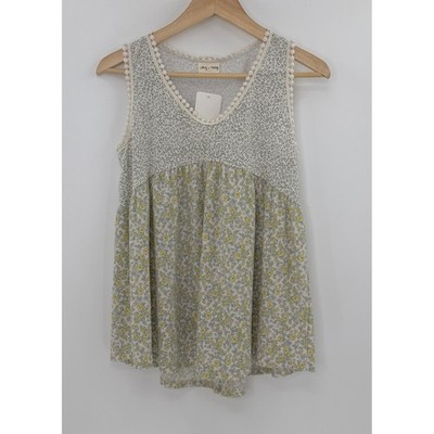 NWT Lovely Melody Sage Floral Babydoll Tank Top Pom Pom Trim Sz Sm, Preppy Boho