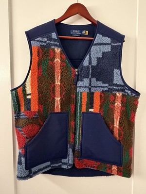 Polo Ralph Lauren Vest Mens M Blue Southwestern Aztec Patchwork Graphic Fleece