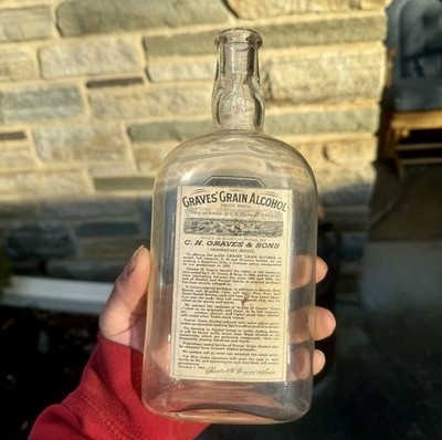 C H Graves & Sons Grain Alcohol Boston MA Labeled & Emb Bottle Blown Rare PrePro
