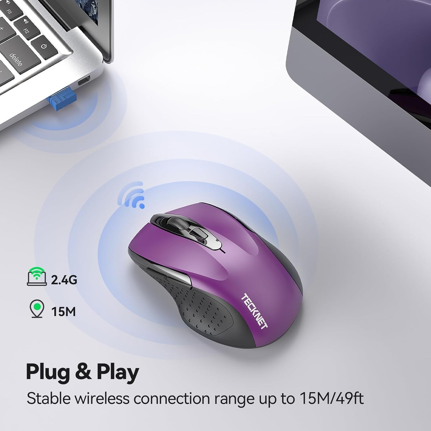 TECKNET Wireless Mouse, 2.4G Ergonomic Optical Computer Mouse Purple 