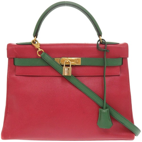 AUTHENTIC HERMES Kelly32 inside stitching Hand Bag Rouge Viff/Vert Courchevel
